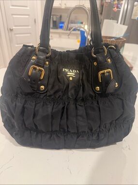 Prada Black Ruched Nylon Shoulder Bag with Gold Hardware